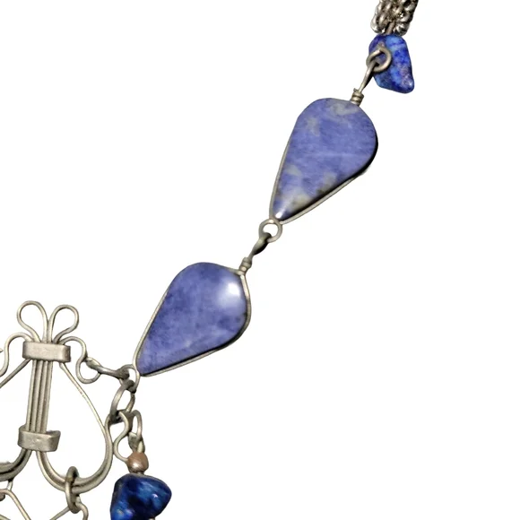 Vintage Artisan Blue Sodalite Teardrop Silvertone Dangle Statement Necklace